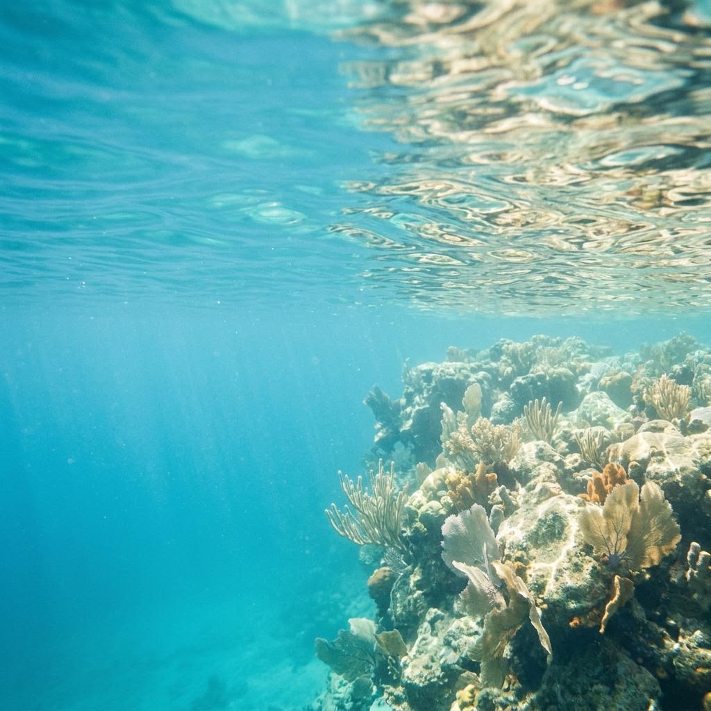 Sunlit reef beneath the ocean surface